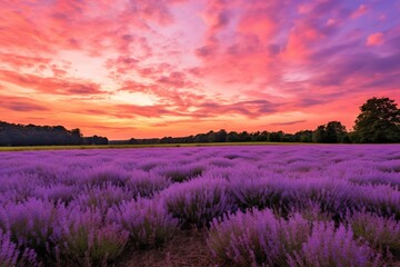 Fototapeta na wymiar a field of lavender flowers under a pink sky with clouds in the background and trees in the foreground with a sunset in the distance. generative ai