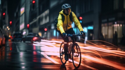Fototapeta na wymiar A man riding a bike down a street at night. Generative AI image.