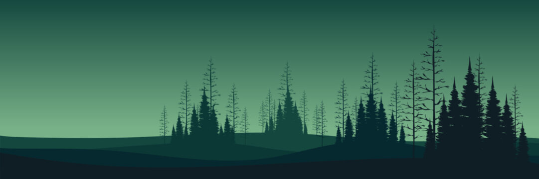 pine tree silhouette in green fresh mountain landscape flat design vector illustration good for web banner, ads banner, tourism banner, wallpaper, background template, and adventure design backdrop © FahrizalNurMuhammad