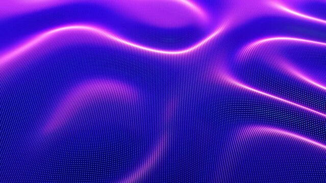 Abstract 3D sound waves. Big data abstract concept: digital wave of glowing particles in motion. Digital audio equalizer, energy flow visualization. Neon sound waves or wavy surface, seamless loop 4K