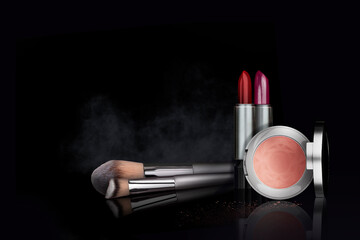 Red lipstick, blush brushes, pink powder on black background. Color-pressed pigment palettes for...