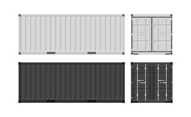 Large shipping containers. Set of black and white cargo containers. Vector illustration. Isolated on a white background.