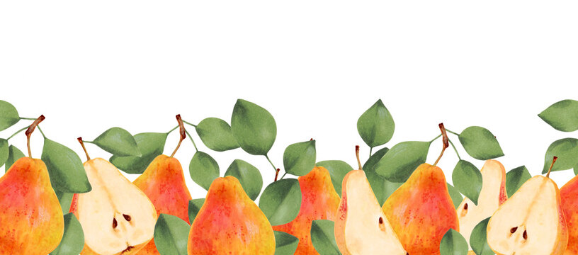 Pear fruit border. Half, whole, pieces of yellow pear with leaves. Horizontal banner or frame for the design of the farmers market, packaging, etc. Illustration drawn with markers and watercolors.