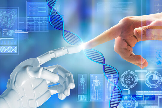 Plastic robot arm, and human hand pointing at DNA. Futuristic Holographic Interface, showing medical Data in augmented reality from artificial intelligence AI. Microbiology programming