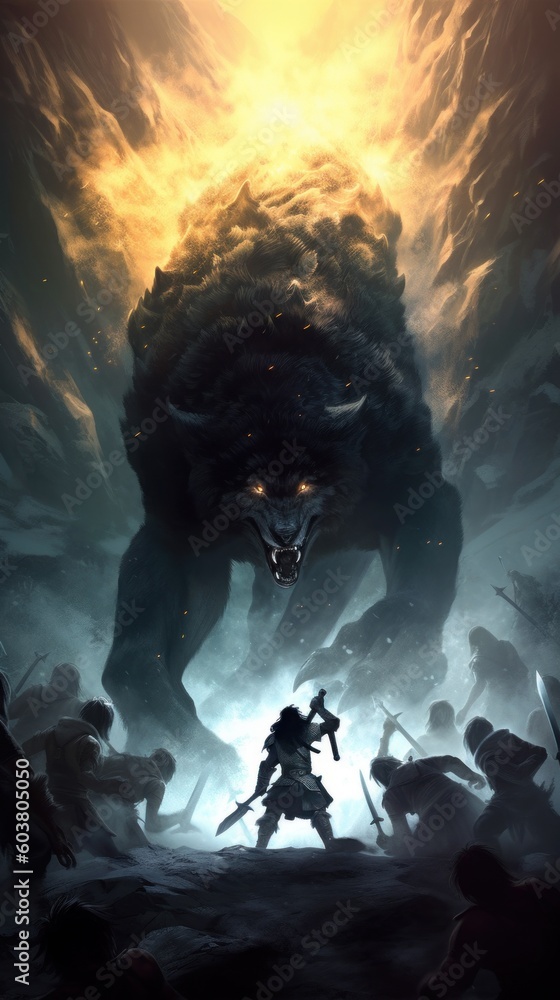Poster a man standing in front of a giant monster. generative ai image.