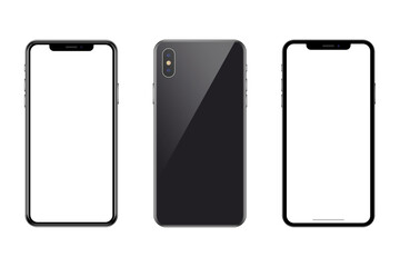 Set of phones on transparent background with transparent screen. Realistic reflection. Vector illustration.