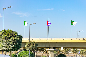 Algerian and Cuban flags in Algiers highway bridge, low angle view under a blue sky with trees and light posts.