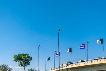 Algerian and Cuban flags in Algiers highway bridge, low angle view under a blue sky with trees and light posts.