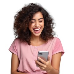 Beautifuln woman looking at the phone, happy smile, color background. Business photo or background. Generative AI