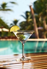 shot of Martini Cocktail with lime on the top on a table in the pool area created with Generative AI technology