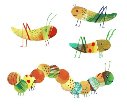 Grasshoppers and caterpillars, cartoon illustration