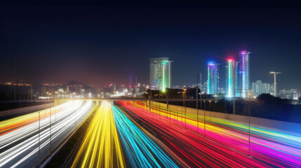 A city skyline at night with colorful light trails from cars, created with Generative AI technology