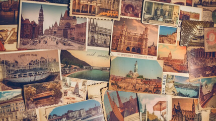 Fototapeta na wymiar A collection of vintage postcards from different locations, created with Generative AI technology
