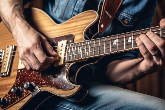 A close-up of a person's hands playing a guitar, created with Generative AI technology