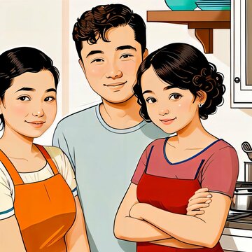 Illustration of a family portrait, father, mother and daughter cooking together a family meal. Generative AI.