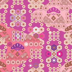 Traditional Japanese Seamless Pattern Background Fabric Patchwork with Waves, Sakura flowers, Chrysanthemum, Japan Style Icon Set Vector art vintage illustration for covers, clothing, kimono, textile