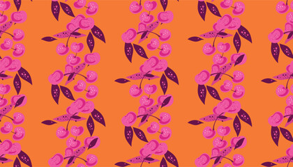 Cherry berry art seamless  pattern  background with fantasy  summer tropical fruits  Cute vector hand drawn doodle illustration for packaging design, cover, packages, clothing, textile