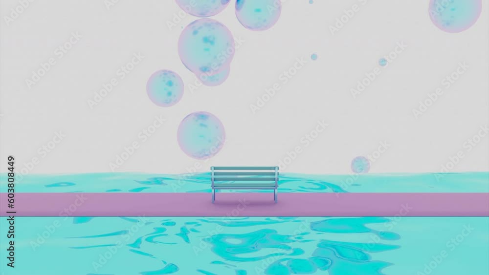 Poster 3d animation with soap bubbles. design. 3d space with bench and colored river on background of soap 