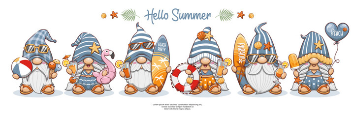 Hello Summer Beach Party With Cute Gnomes On Banner Design. Set Of Surfing Gnome Character, Cartoon Illustration