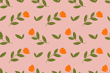 Orange tulip flowers on peach background. Vintage hand-drawn vector pattern for wallpaper, card, stationery design. Minimal floral seamless pattern.