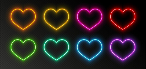 Neon heart frames, glowing borders set, vibrant Valentine's Day decoration. Modern signs collection, bright vector design elements isolated on dark backdrop.