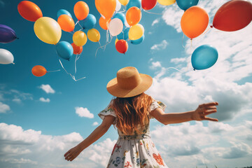 free happiness girl joy with colorful balloons - obrazy, fototapety, plakaty