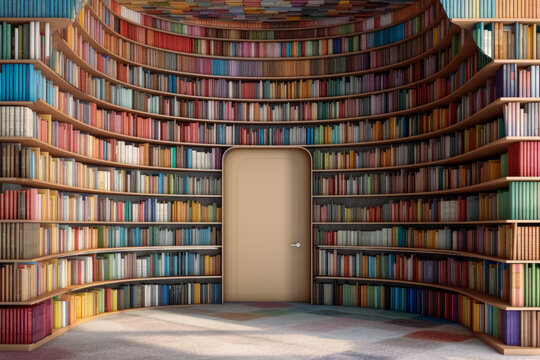 A library filled with many colorful books on the shelves. Generative AI Illustration.