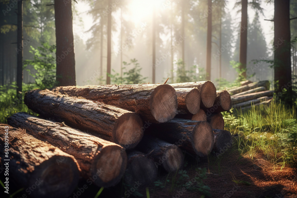 Wall mural log trunks pile, timber harvesting. pile of wooden logs prepared for removal. logging timber wood in