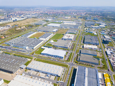 Aerial view of industrial zone and technology park on Bory suburb of Pilsen city in Czech Republic, Europe. Industrial fields from above. Background concept.