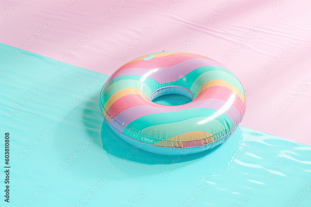 Poster an inflatable pool float in a clear blue swimming pool on a sunny day. generative ai