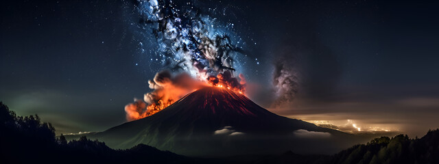Scenic view of the volcano eruption at night. AI generated.