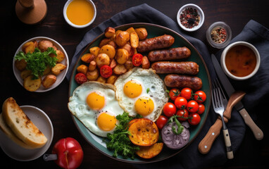 Fototapeta na wymiar Breakfast with sausages eggs and potatoes with vegetables created with Generative AI technology