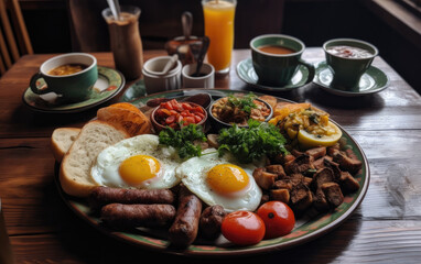 Breakfast with sausages eggs and potatoes with vegetables created with Generative AI technology