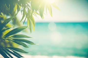 Fototapeta na wymiar tropical beach scene with a lone palm tree in focus. Generative AI