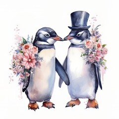 Cute newlyweds couple, wedding watercolor with Generative AI technology