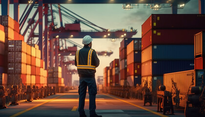 logistics engineer control at the port, loading containers