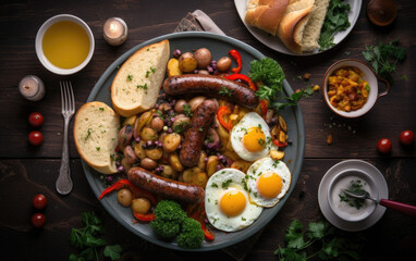 Breakfast with sausages eggs and potatoes with vegetables created with Generative AI technology