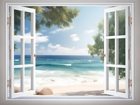 View of sea with beach and trees through the large white window. 