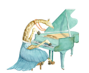 Female giraffe playing piano - watercolor illustration hand painted - 603811845