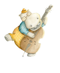 Hippo playing cello - watercolor illustration hand painted