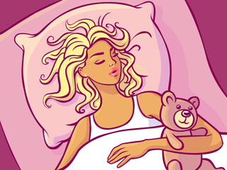 Vector illustration of a girl sleeping on a pink pillow
