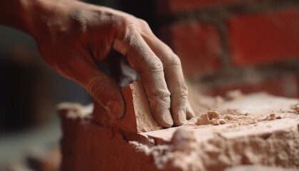 close up hand of bricklayer industrial worker installing brick masonry