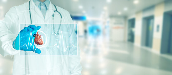 Doctor touching scan to check patient's heart with modern interface on digital monitor using...