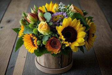 Fototapeta na wymiar rustic bouquet of sunflowers and wildflowers in a wooden vase. Generative AI
