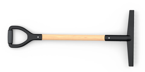 Garden rake with wooden handle for harvesting hay on white background.