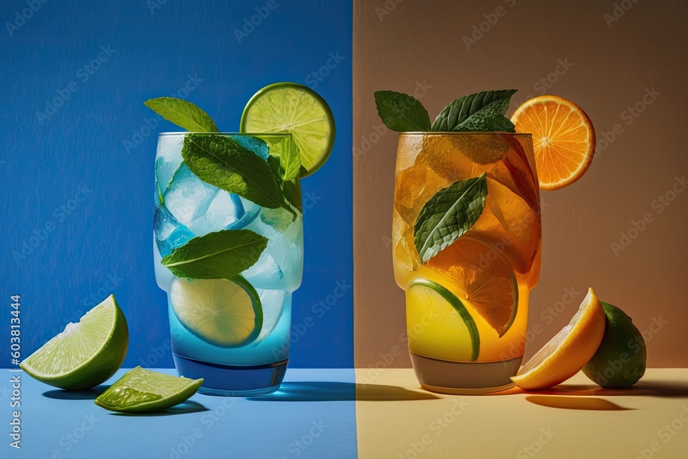 Poster two refreshing citrus drinks side by side. generative ai
