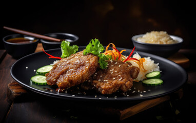 Fototapeta premium Fried veal with chili with onion cucumber sesame created with Generative AI technology