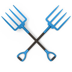 Set of garden pitchfork and rake with wooden handle for harvesting hay on white