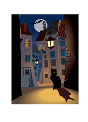 Demonic cat on a street, perfect illustration for Halloween holiday