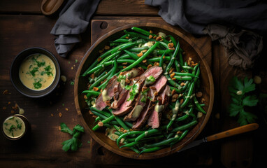 Obraz na płótnie Canvas Grilled meat salad with green beans created with Generative AI technology